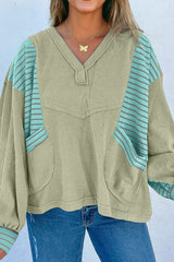 Exposed Seam Waffle Striped Patchwork Baggy Pullover
