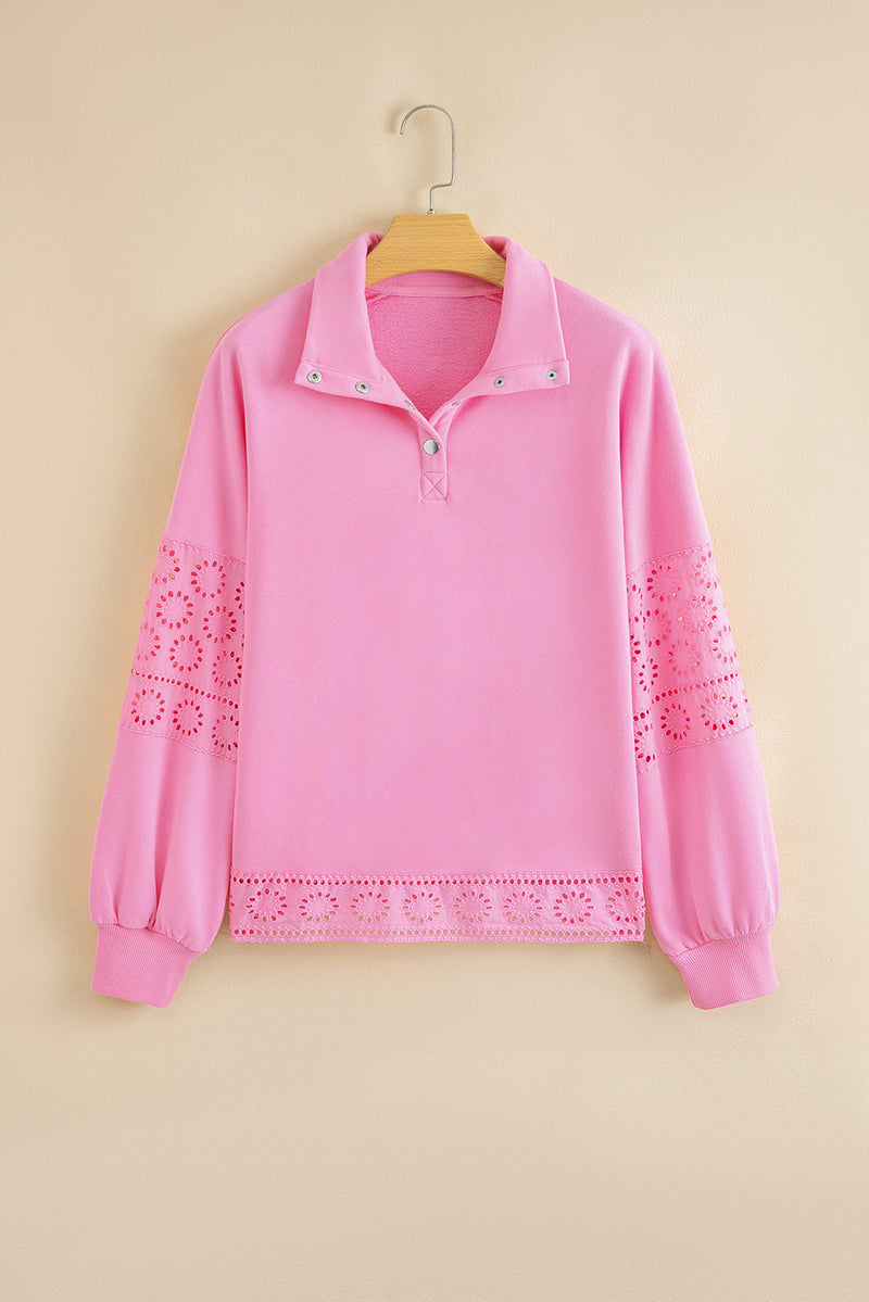 Embroidered Flower Patchwork Snap Buttons Pullover Sweatshirt