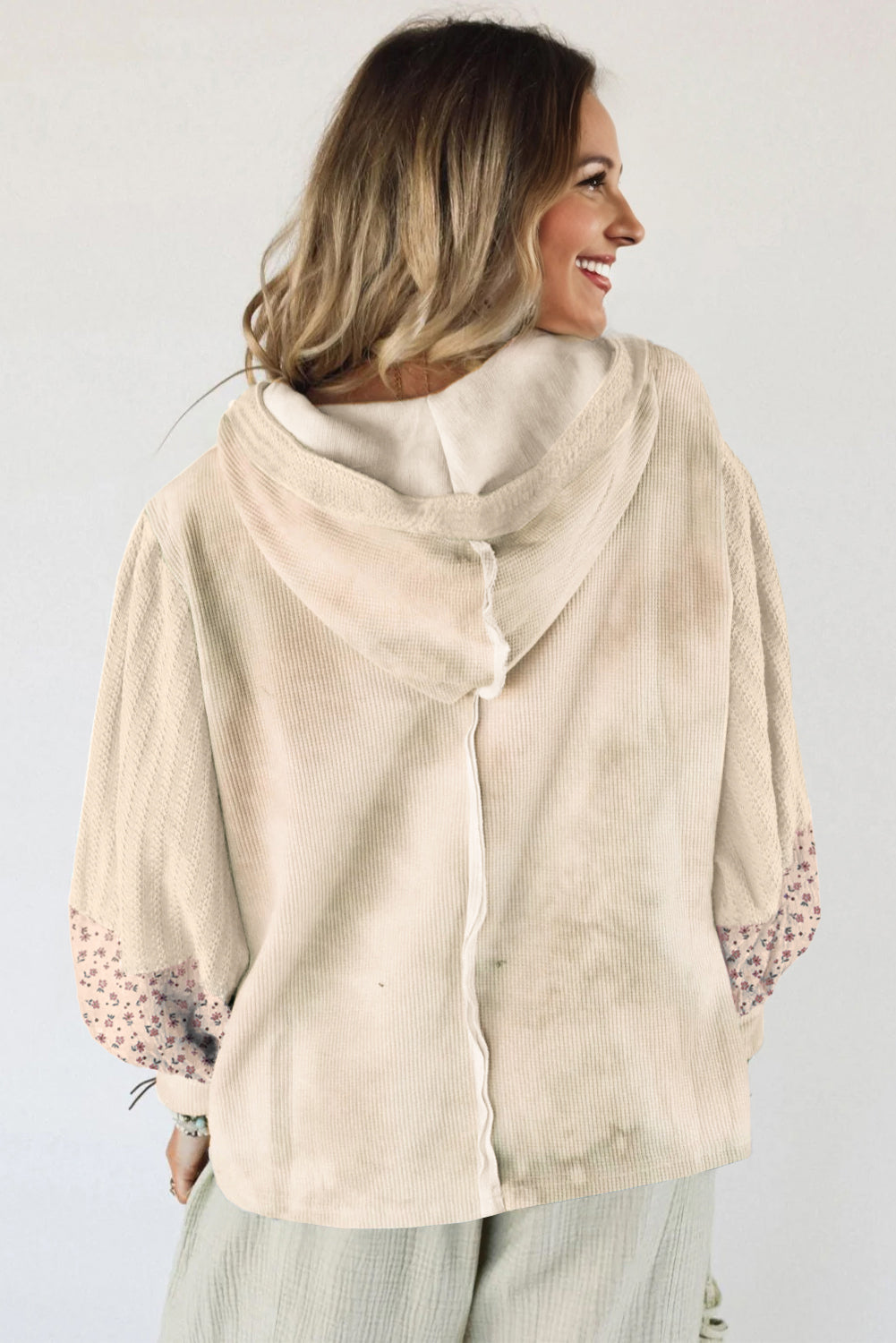 Beige Floral Patched Waffle Textured Colorblock V Neck Casual Hooded Top