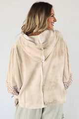 Beige Floral Patched Waffle Textured Colorblock V Neck Casual Hooded Top
