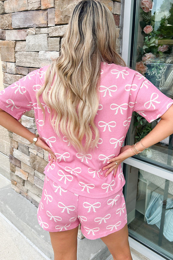 Waffle Knit Bowknot Printed V Neck T Shirt and Shorts Set