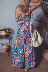 Floral Smocked Bust Spaghetti Straps Wide Leg Jumpsuit