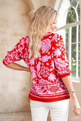 Abstract Floral Print Tie Neck Button Decor 3/4 Sleeve Blouse