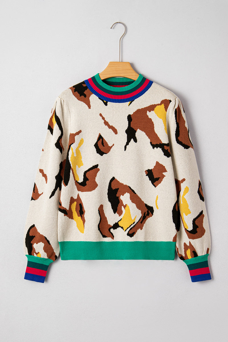 Contrast Ribbed Stripes Detail Animal Pattern Knit Sweater