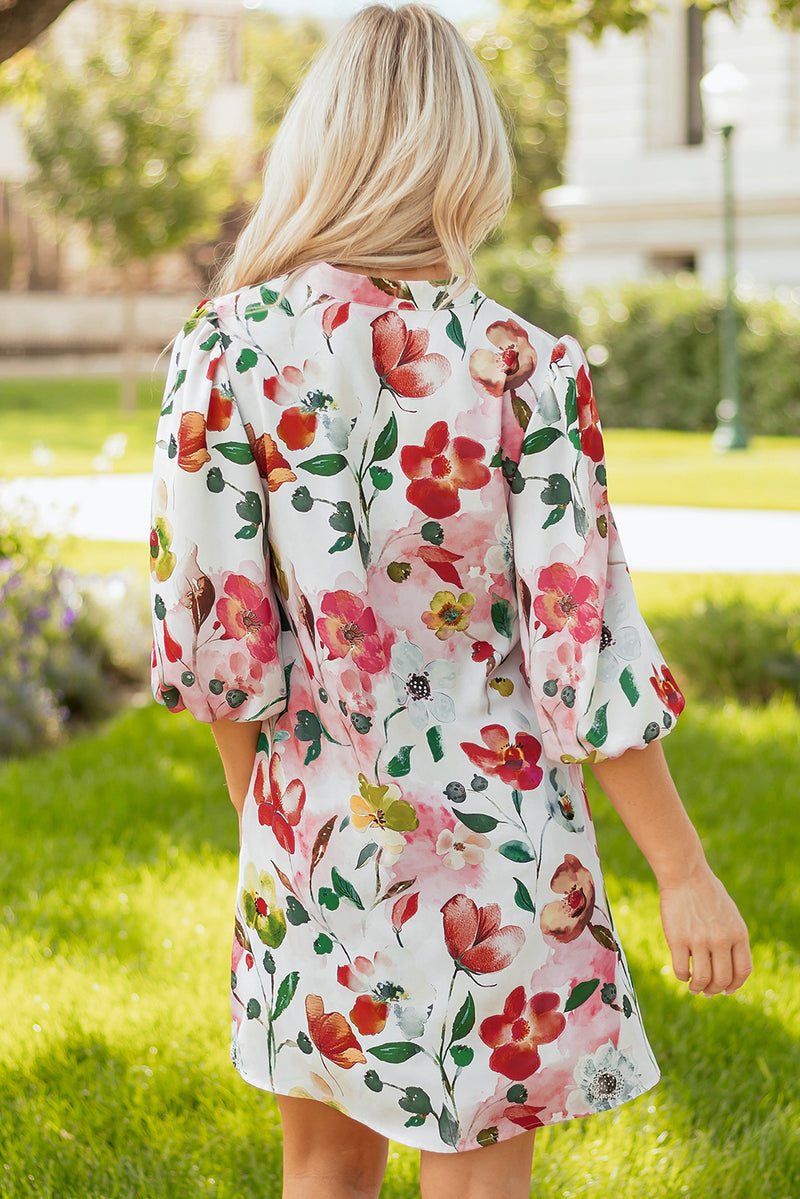 Floral Contrast Striped V Neck Puff Half Sleeve Shift Dress