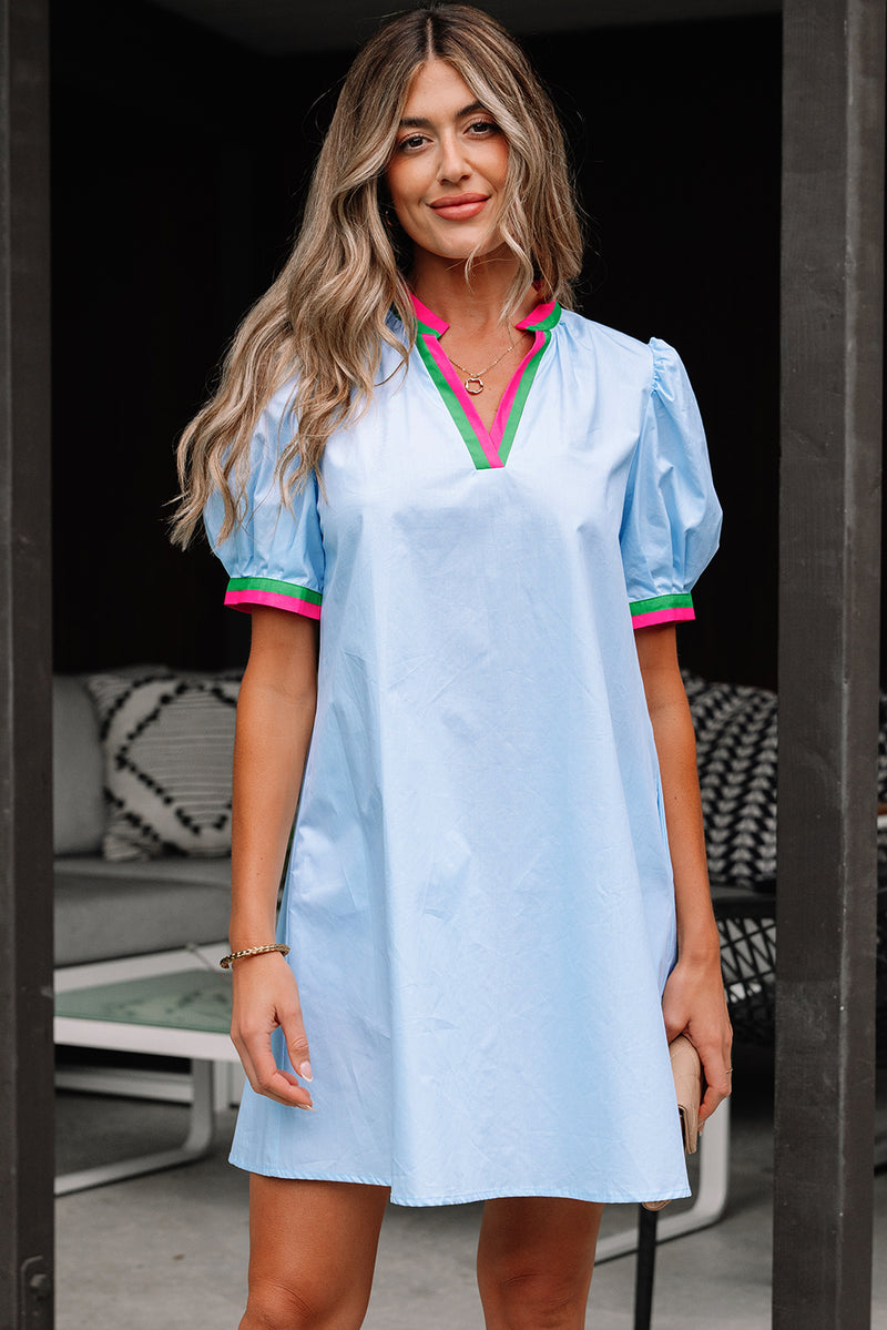 Contrast Striped Notched V Neck Puff Sleeve Mini Dress