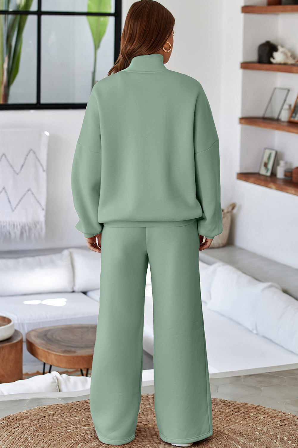 Sea Green Drop Shoulder Zip Up Jacket Drawstring Pants Active 2pcs Set
