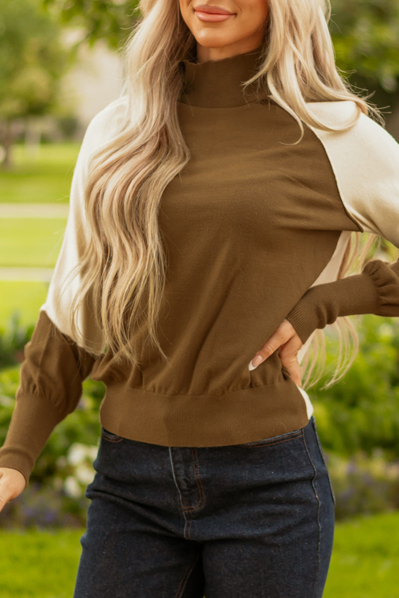 Brown Color block Raglan Puff Sleeve Mock Neck Sweater