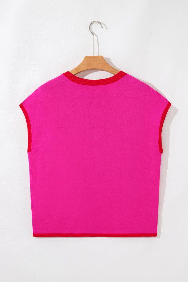 Contrast Trim Round Neck Short Sleeve Loose Knit Sweater