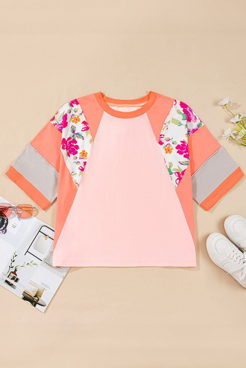 Plus Size Floral Print Patchwork Raglan Half Sleeve Top