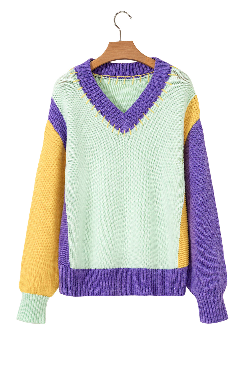 Stitched V Neck Color Block Knitted Drop Shoulder Sweater