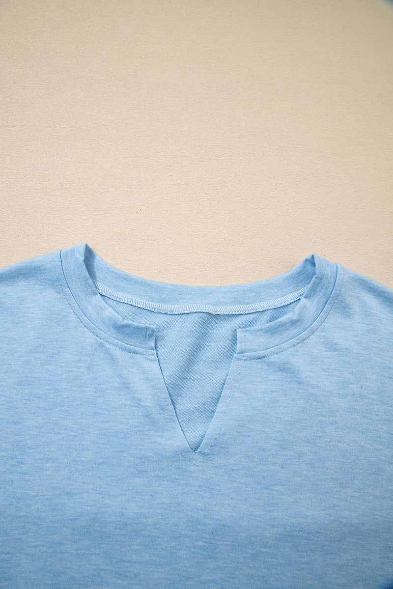 Sky Blue Notched Neck Terry Raw Hem Long Sleeve Top