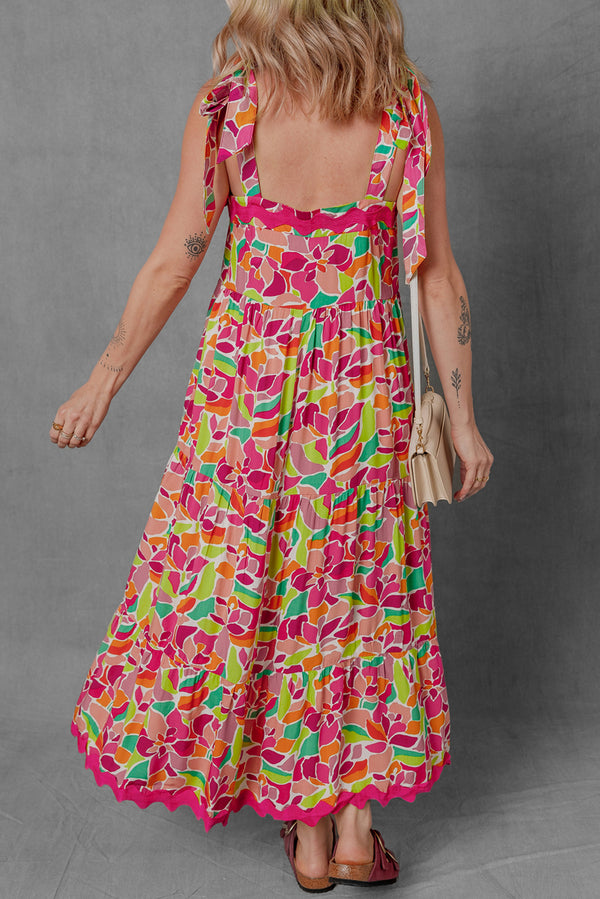 Multicolour Floral Tied Straps Ricrac Trim Maxi Dress