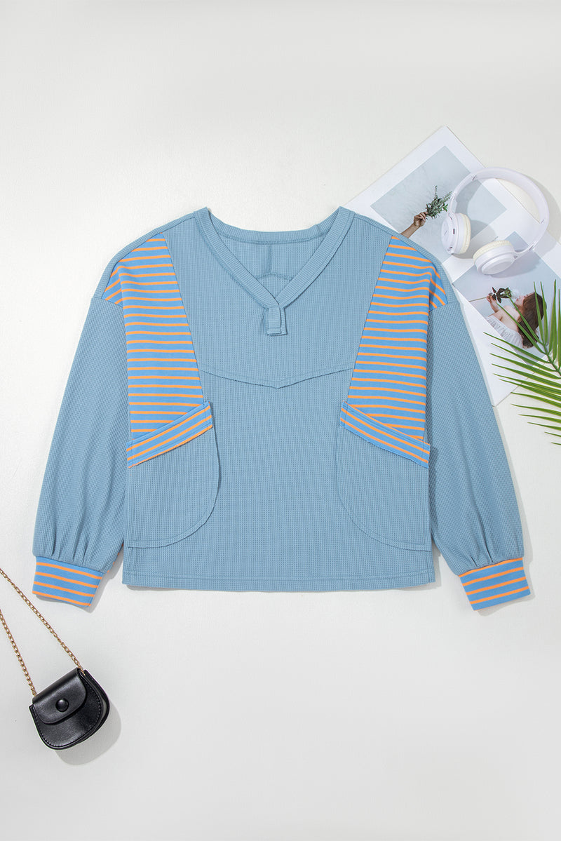 Exposed Seam Waffle Striped Patchwork Baggy Pullover