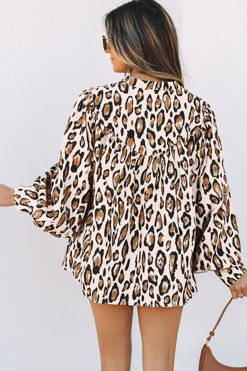 French Oversized Leopard Print Balloon Sleeve Casual Shirt