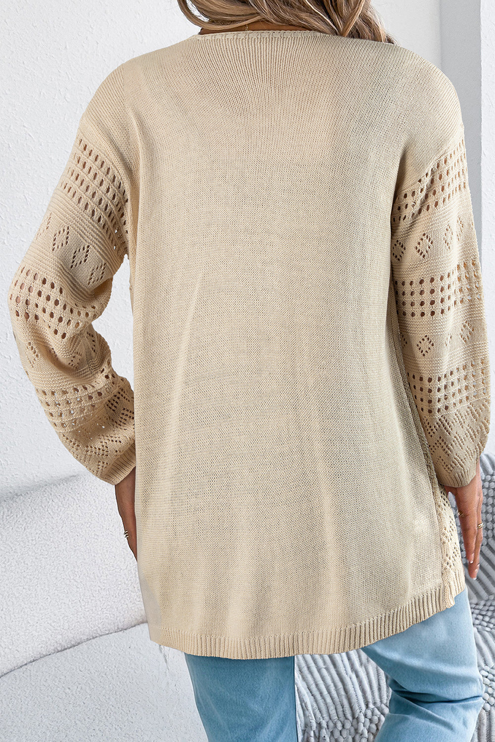 Beige Solid Color Hollowed Knit Open Front Cardigan Sweater