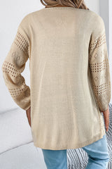 Beige Solid Color Hollowed Knit Open Front Cardigan Sweater
