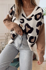 Beige Leopard Print Color Block Patchwork Sleeve V Neck Sweater