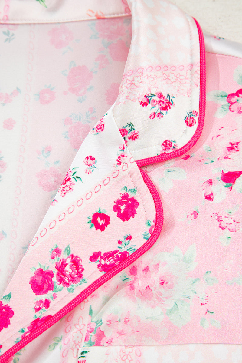 Mixed Floral Print Contrast Piping Trim Satin Tie 2pcs Pajama Set