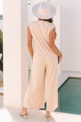 Textured Buttoned Wide Leg Sleeveless Jumpsuit