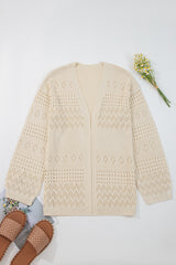 Beige Solid Color Hollowed Knit Open Front Cardigan Sweater