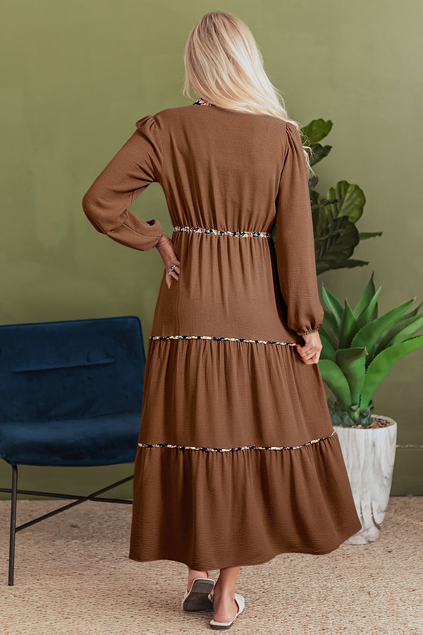 Floral Patchwork Detail Notched Neck Long Sleeve Maxi Dress