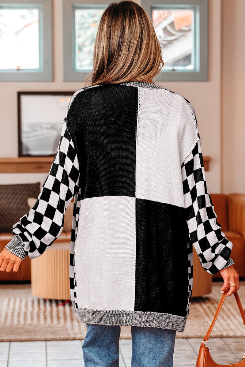 Checkered Open Front Drop Shoulder Cardigan