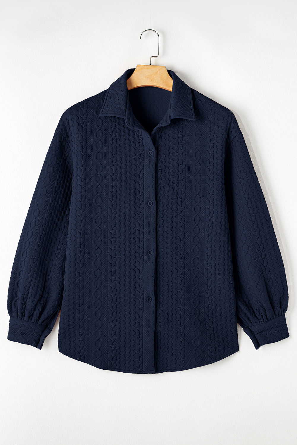 Solid Cable Texture Puff Sleeve Loose Shacket