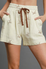 Bow Tie Print Lace Drawstring Casual Shorts