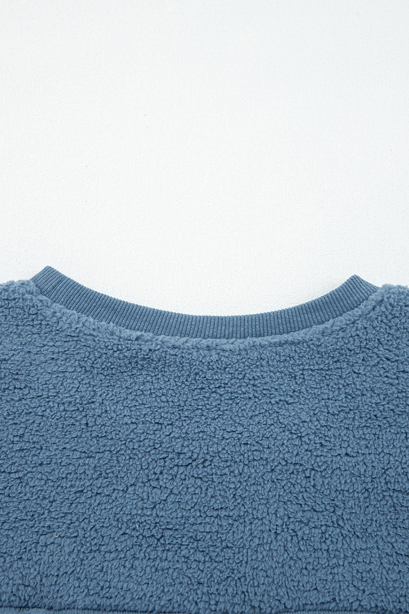 Fleece Drop Shoulder Exposed Seam Patchwork Casual Sweatshirt