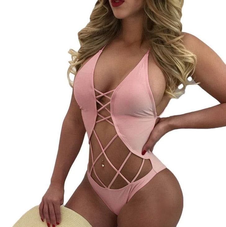 Explosions solid color mesh sexy backless one-piece bikini