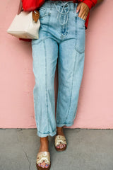 Exposed Stitch Detail Drawstring Barrel Jeans