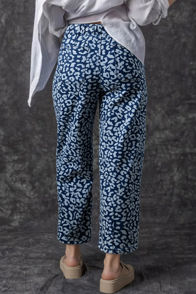 Leopard Printed Drawstring Waist Pocketed Wide Leg Jeans
