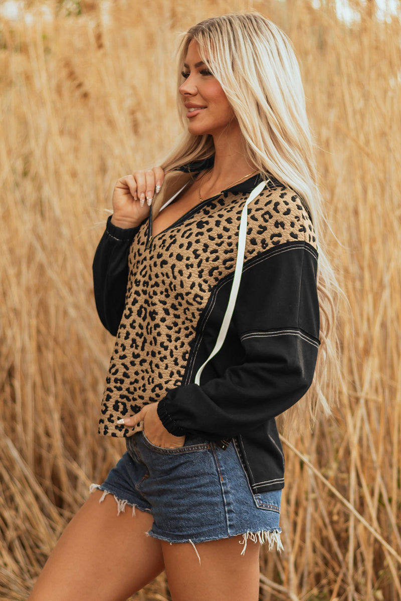 Leopard Patchwork Contrast Stitching Knotted Cuff Quarter Zip Hoodie