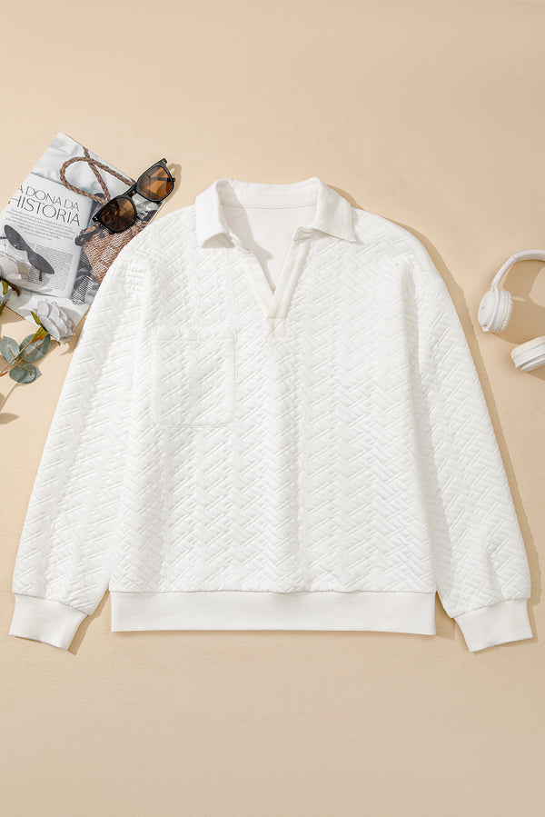 Textured Pocketed Collared V Neck Pullover Sweatshirt