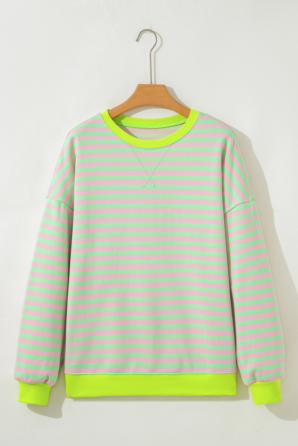 Stripe Contrast Ribbed Trim Crossed Stitch Drop Shoulder Sweatshirt