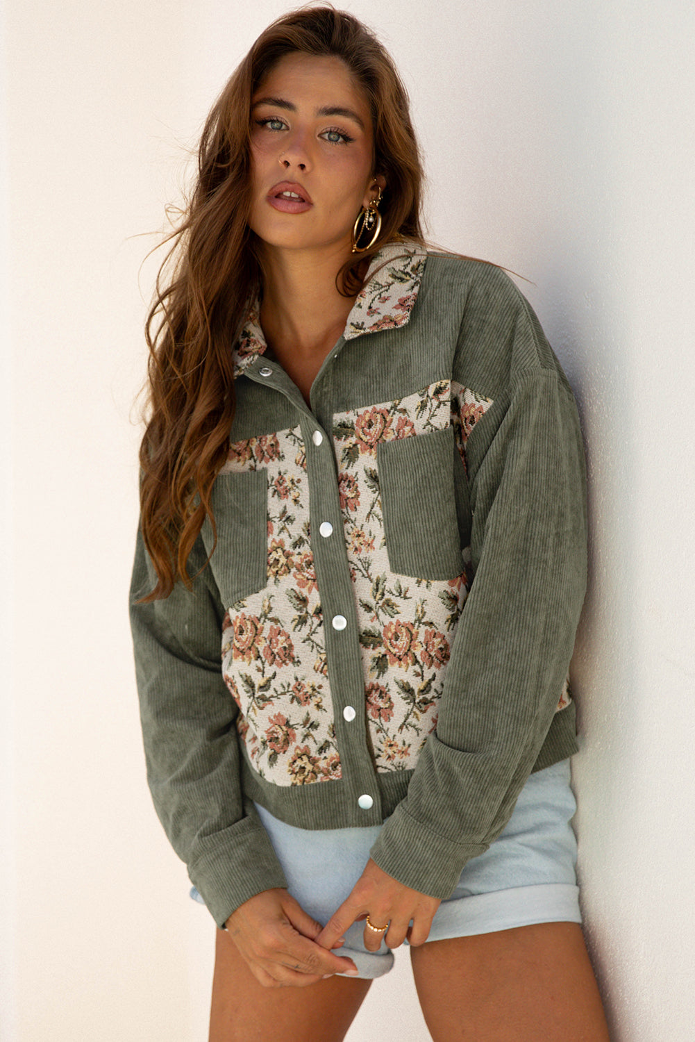 Ribbed Retro Floral Patchwork Shirt Style Jacket