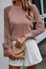 Striped Mesh Long Sleeve Crewneck Ribbed Top