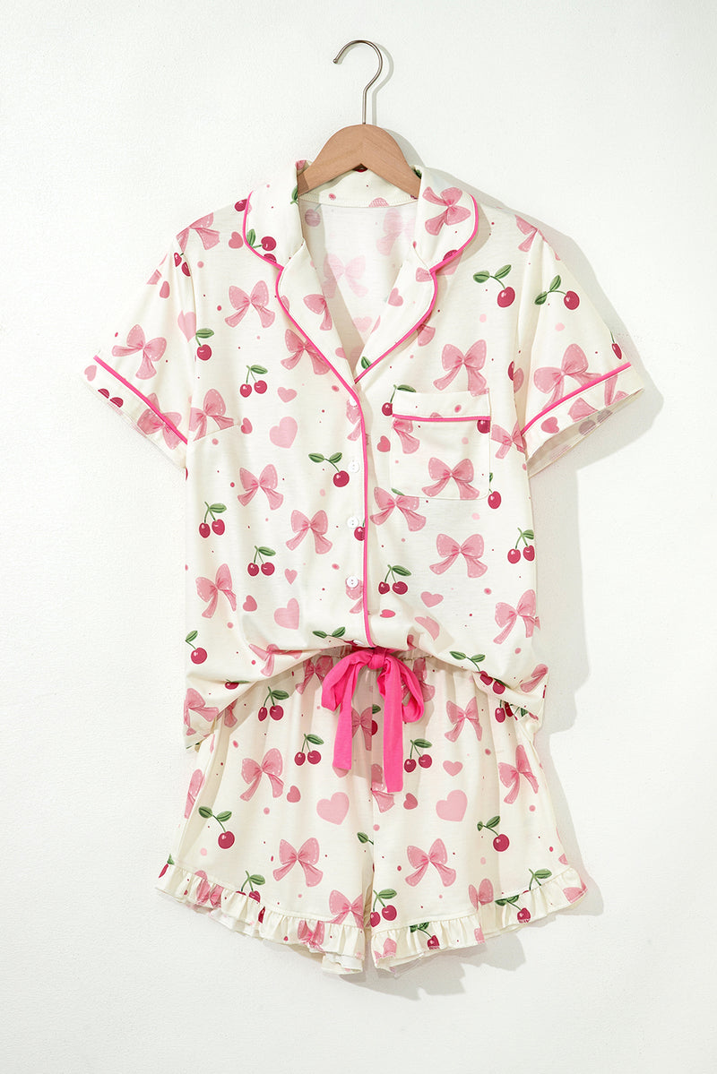 Floral Print Contrast Pipping Short Pajamas Set