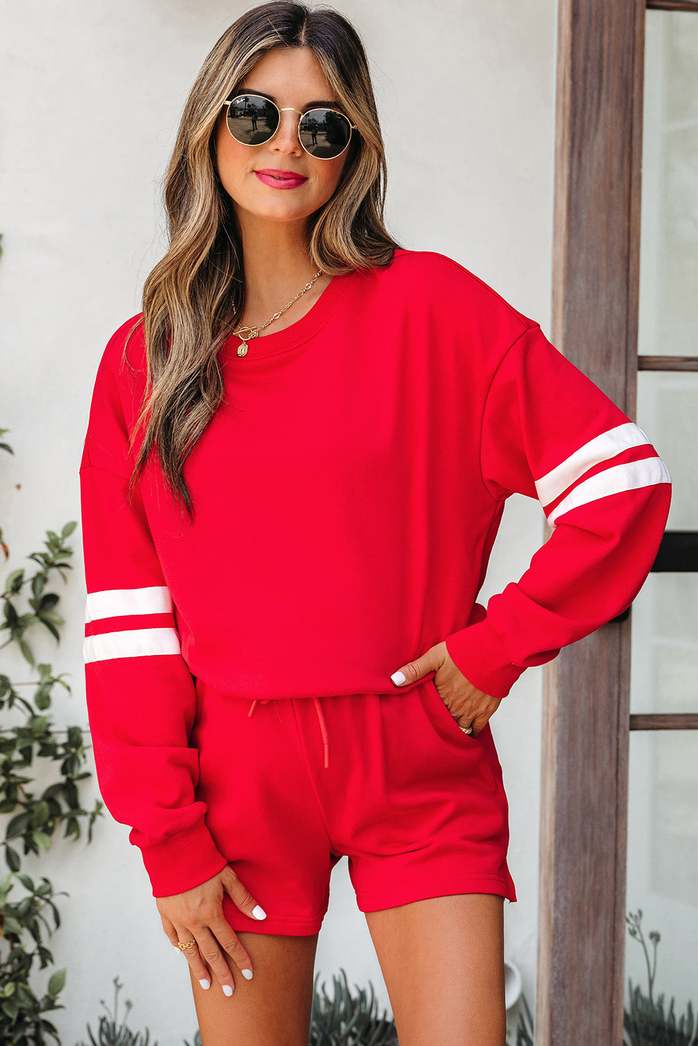 Solid Varsity Striped Sleeve Drop Shoulder Sweatshirt and Short Set