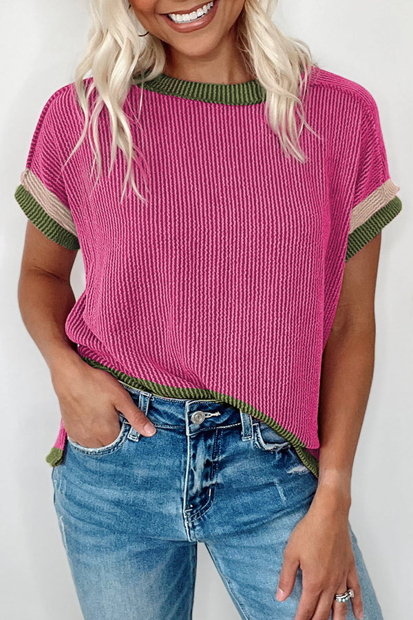 Solid Textured Contrast Trim Round Neck T Shirt