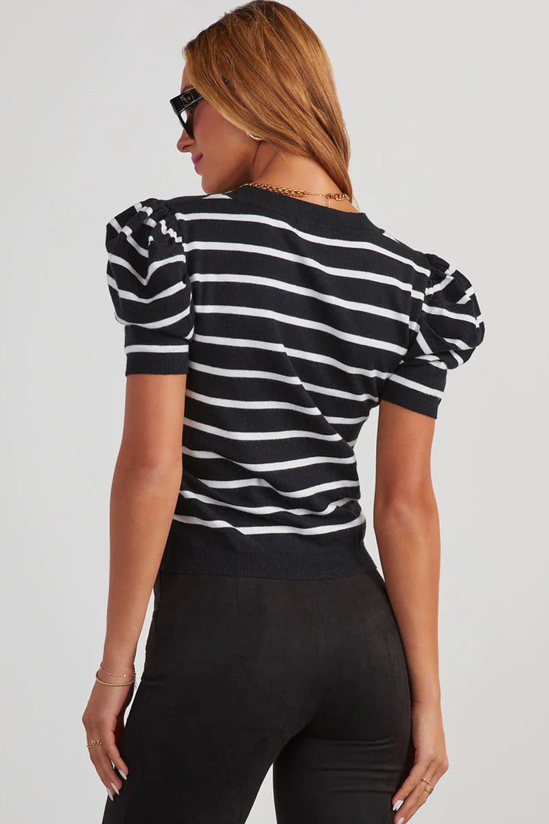 Stripe Ribbed Trim Round Neck Bubble Sleeve Knitted Top