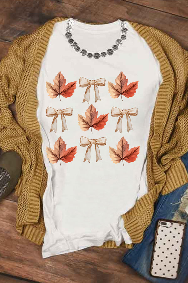 Fall Leaf Bow Print Thanksgiving T Shirt