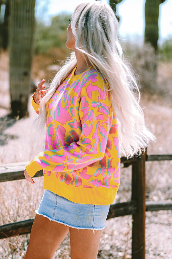 Multicoloured Abstract Print Ribbed Trim Baggy Sweater