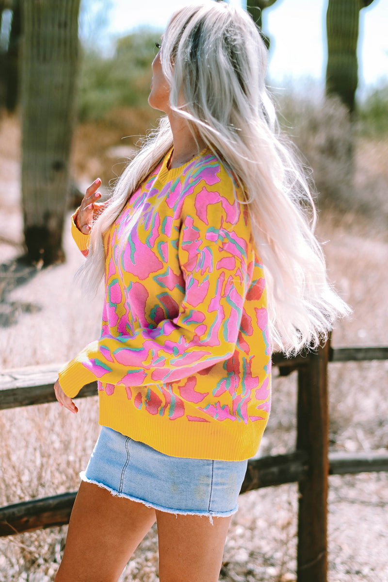 Multicoloured Abstract Print Ribbed Trim Baggy Sweater