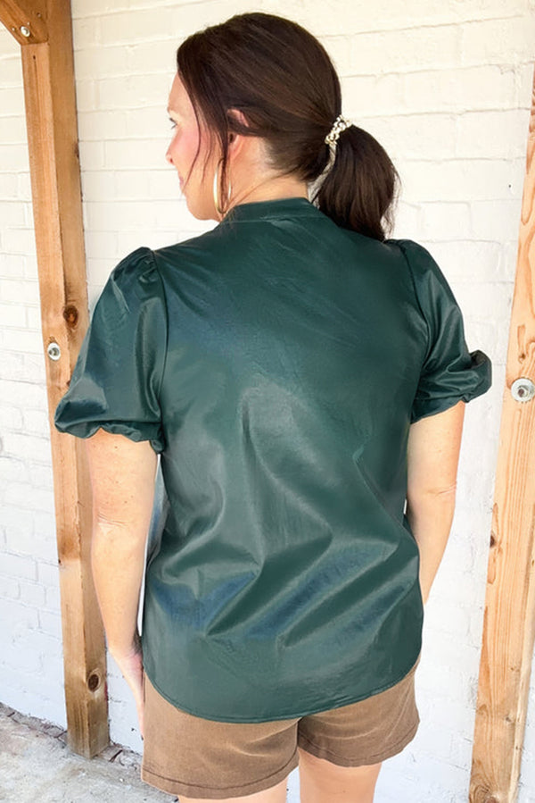 Notched V Neck Short Puff Sleeve PU Leather Blouse