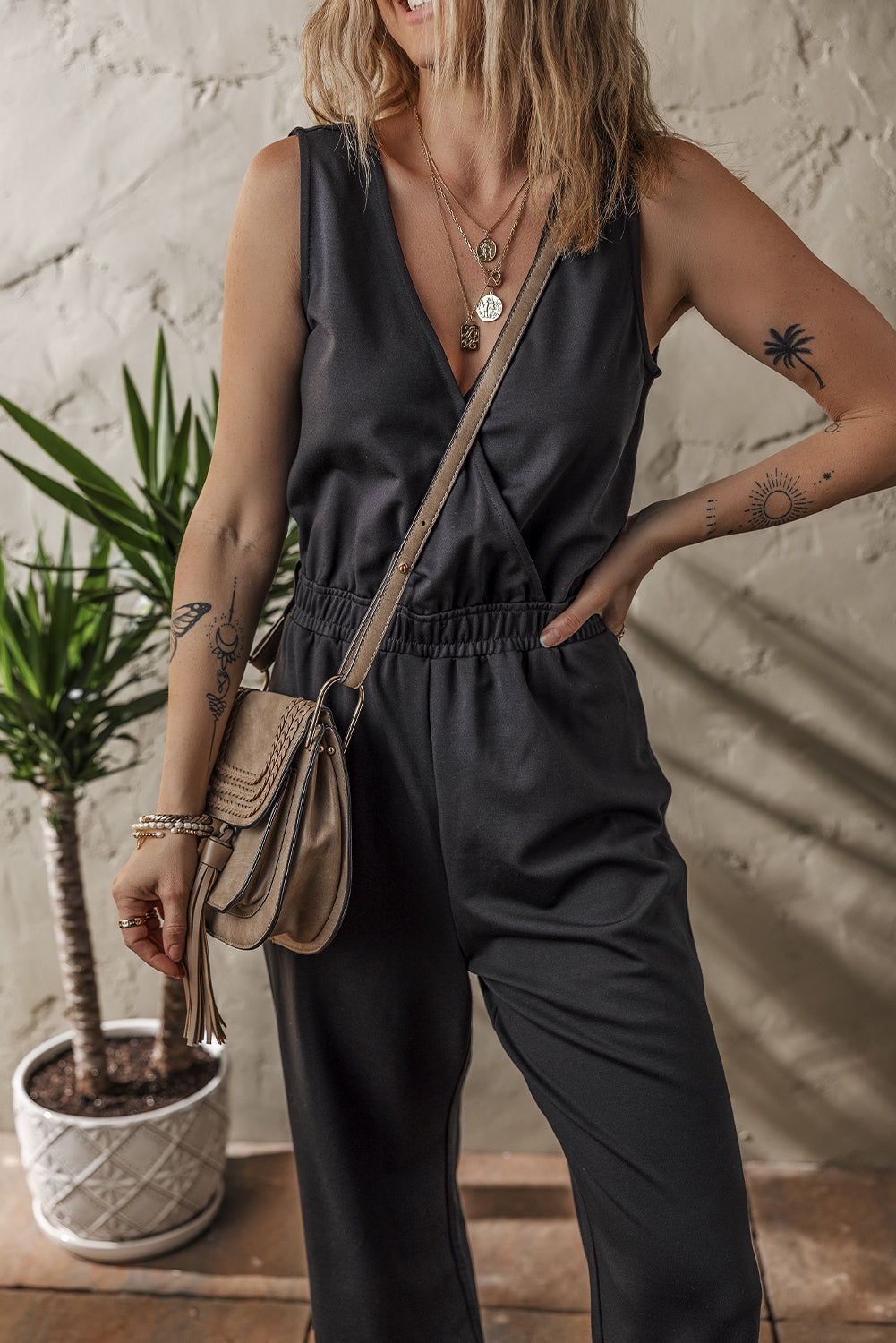 Wrap V Neck Sleeveless High Waist Jumpsuit