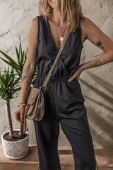 Wrap V Neck Sleeveless High Waist Jumpsuit