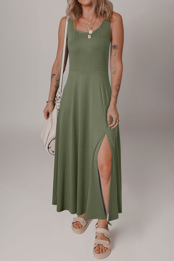 Clover Sleeveless Scoop Neck Flared Split Midi Dress