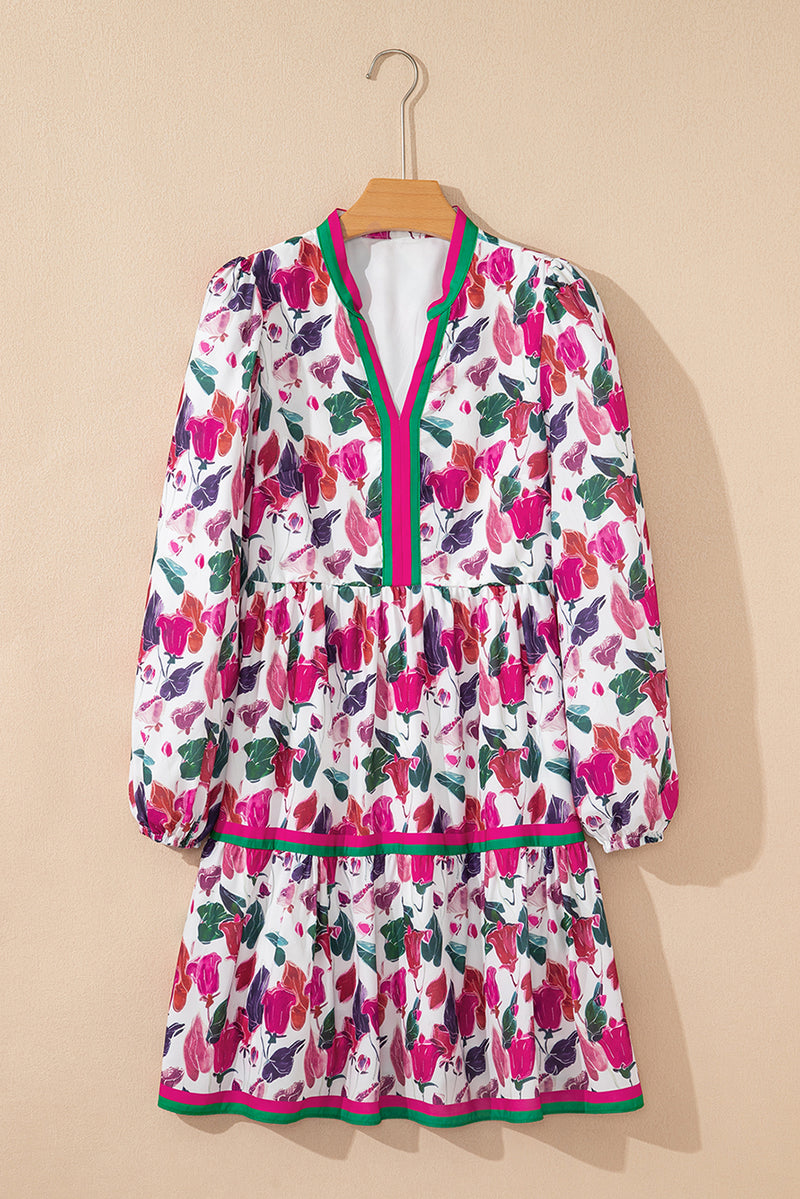 Floral Print Contrast Striped Detail Long Sleeve Mini Dress